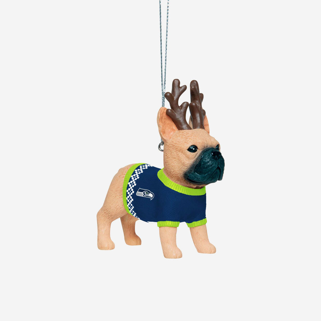 Seattle Seahawks French Bulldog Wearing Sweater Ornament FOCO - FOCO.com