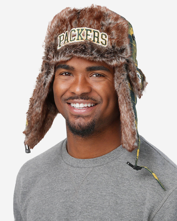 Green Bay Packers NFL Wordmark Flannel Trapper Hat FOCO - FOCO.com