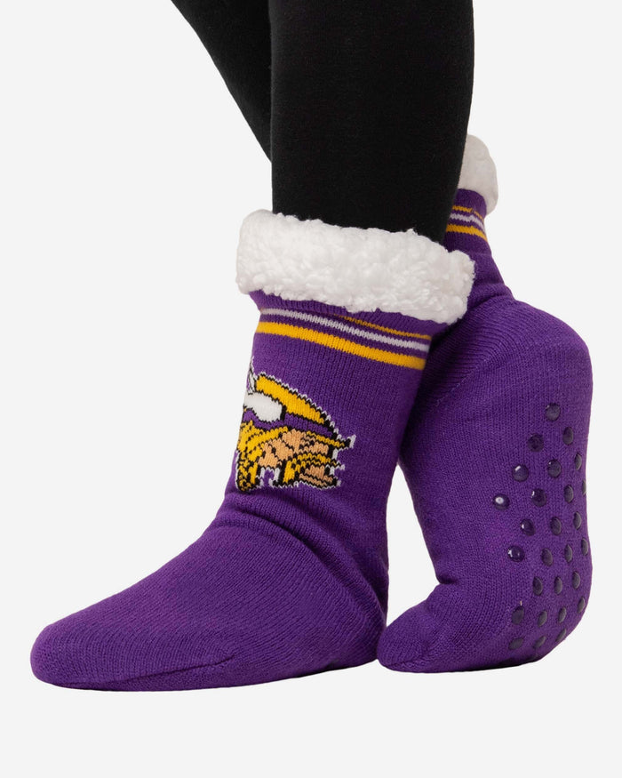 Minnesota Vikings Womens Stripe Logo Tall Footy Slipper Socks FOCO - FOCO.com