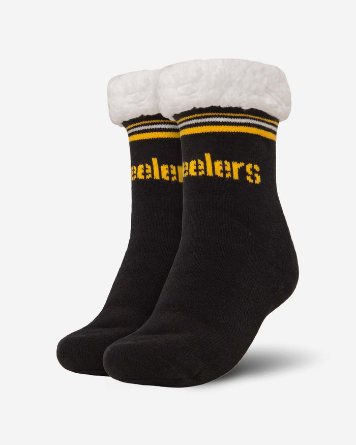 Pittsburgh Steelers Womens Stripe Logo Tall Footy Slipper Socks FOCO - FOCO.com