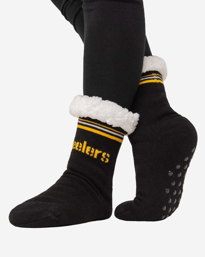 Pittsburgh Steelers Womens Stripe Logo Tall Footy Slipper Socks FOCO - FOCO.com