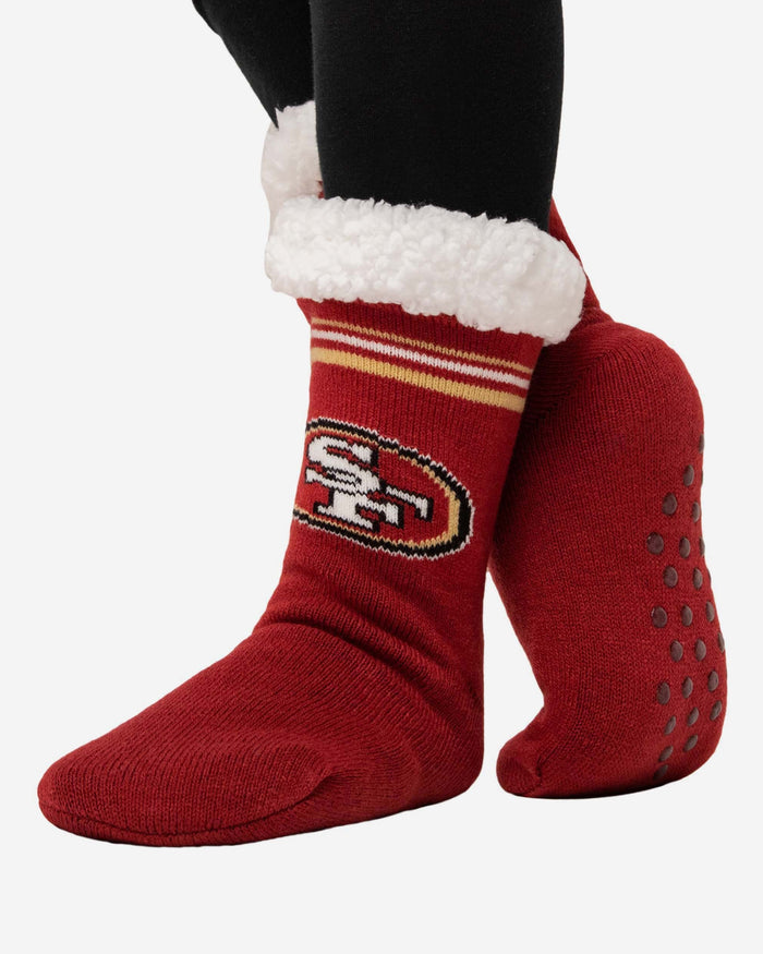 San Francisco 49ers Womens Stripe Logo Tall Footy Slipper Socks FOCO - FOCO.com