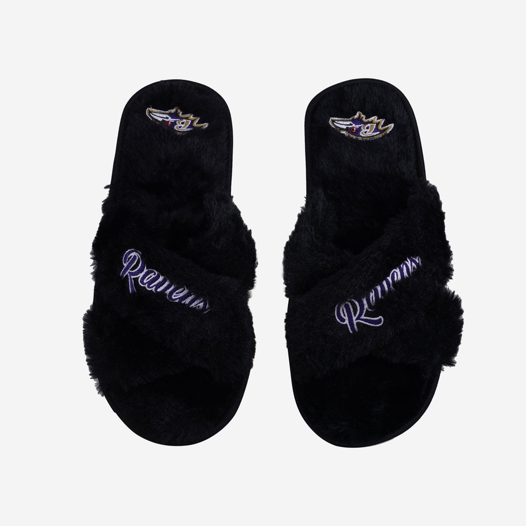 Baltimore Ravens Womens Script Wordmark Fur Cross Slide FOCO S - FOCO.com