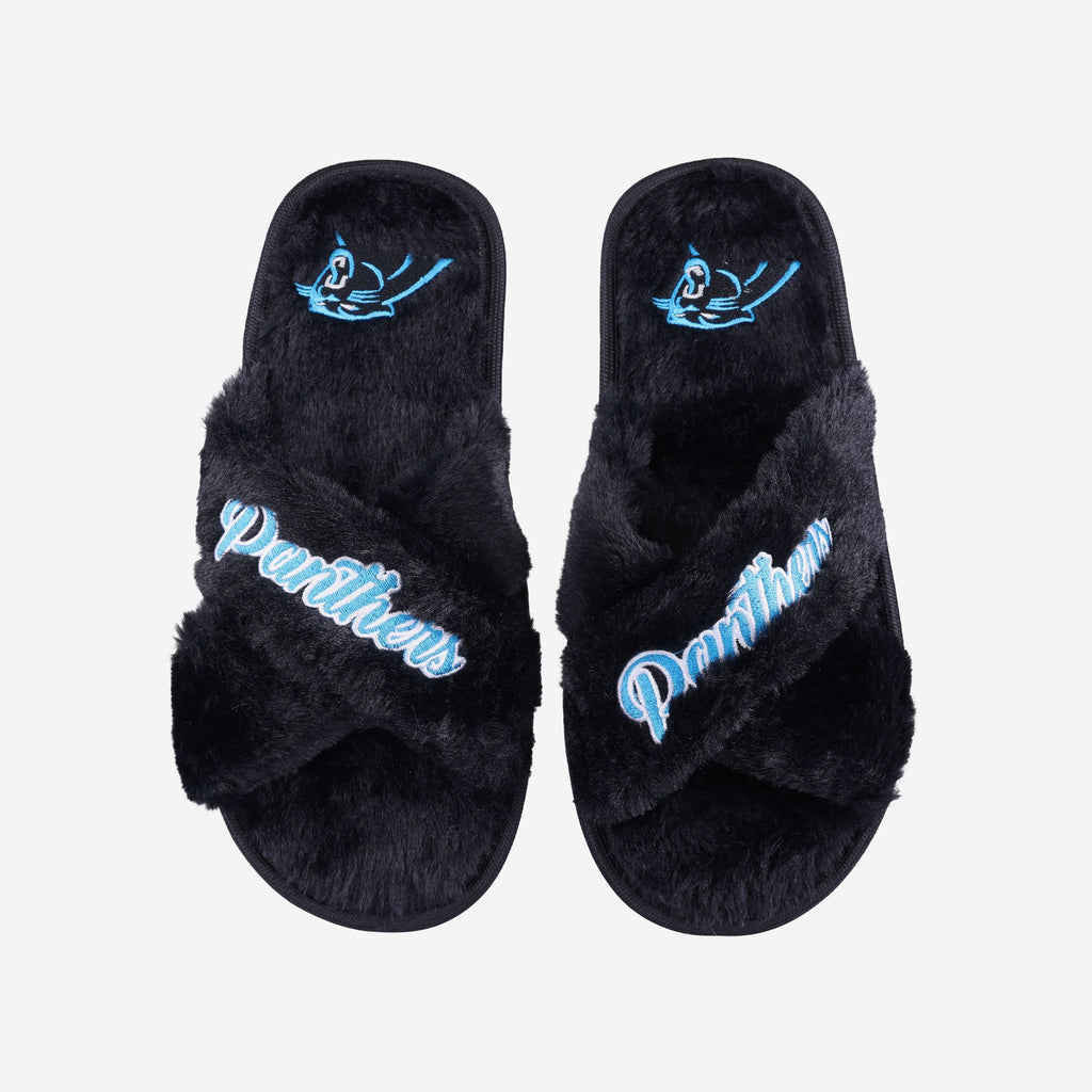 Carolina Panthers Womens Script Wordmark Fur Cross Slide FOCO S - FOCO.com