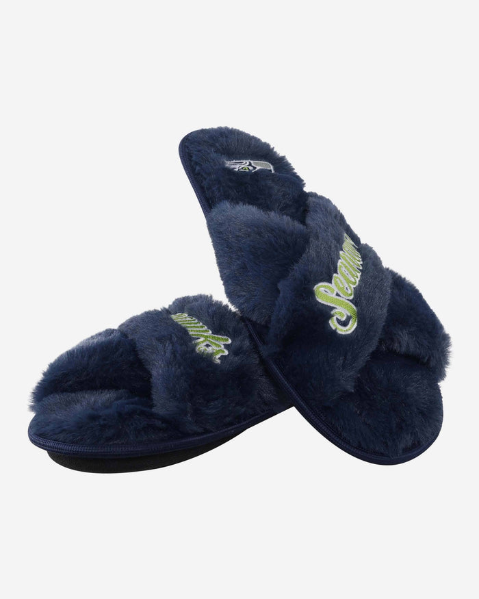 Seattle Seahawks Womens Script Wordmark Fur Cross Slide FOCO - FOCO.com