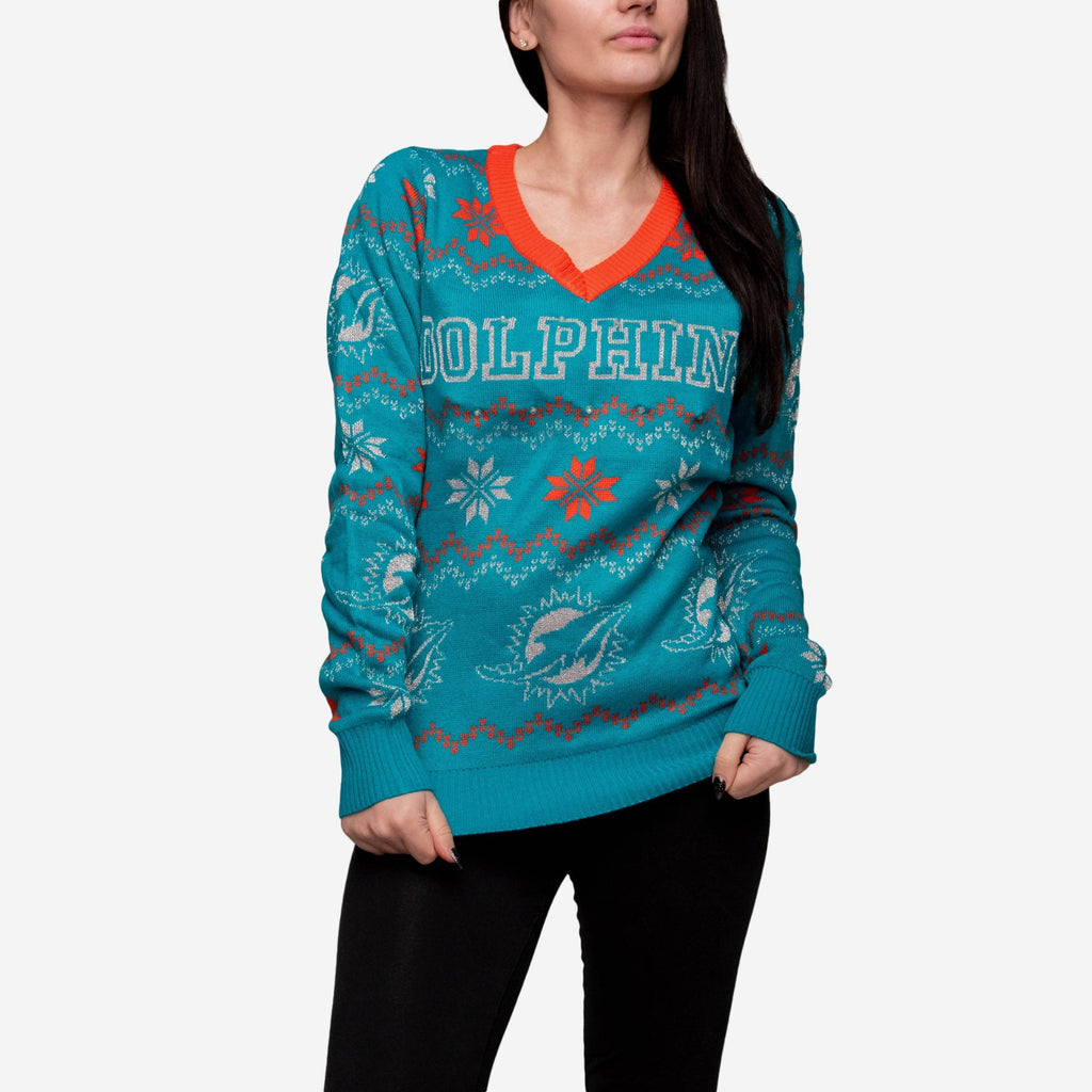 Miami Dolphins Womens Light Up V-Neck Bluetooth Sweater FOCO - FOCO.com