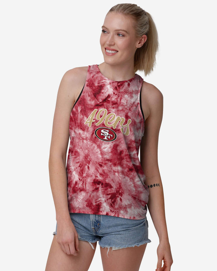 San Francisco 49ers Womens Script Wordmark Tie-Dye Tie-Breaker Sleeveless Top FOCO S - FOCO.com