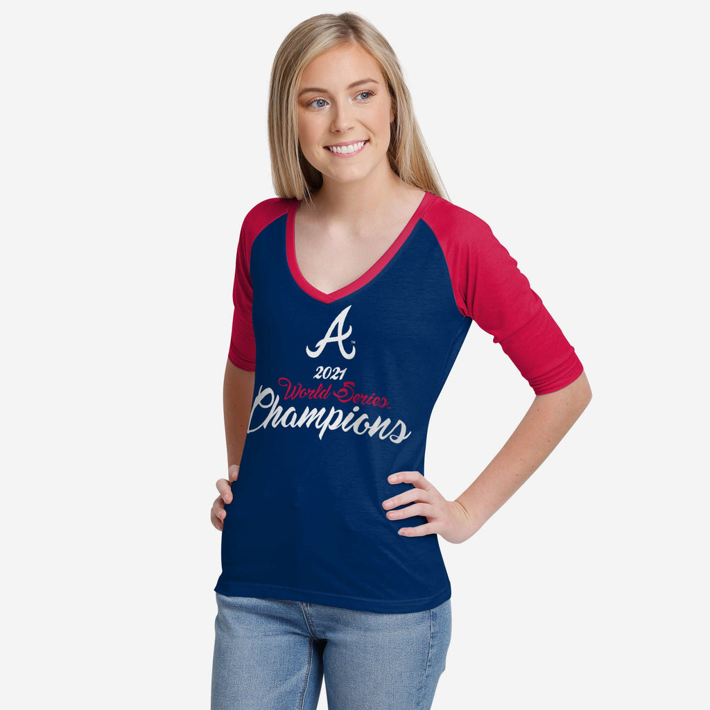 Atlanta Braves 2021 World Series Champions Womens V-Neck Raglan Shirt FOCO S - FOCO.com