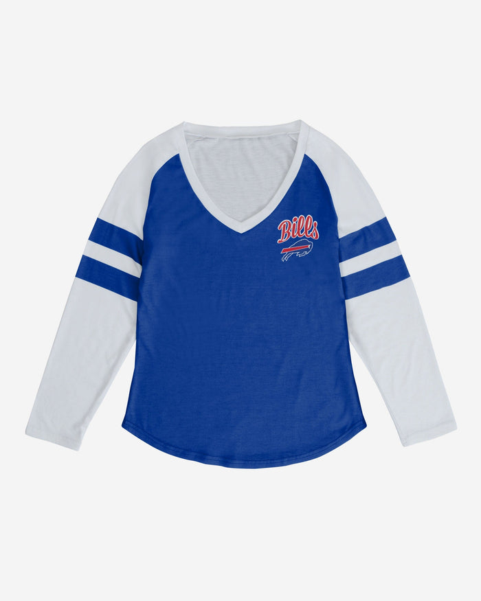 Buffalo Bills Womens Script Wordmark Striped Sleeve Raglan T-Shirt FOCO - FOCO.com