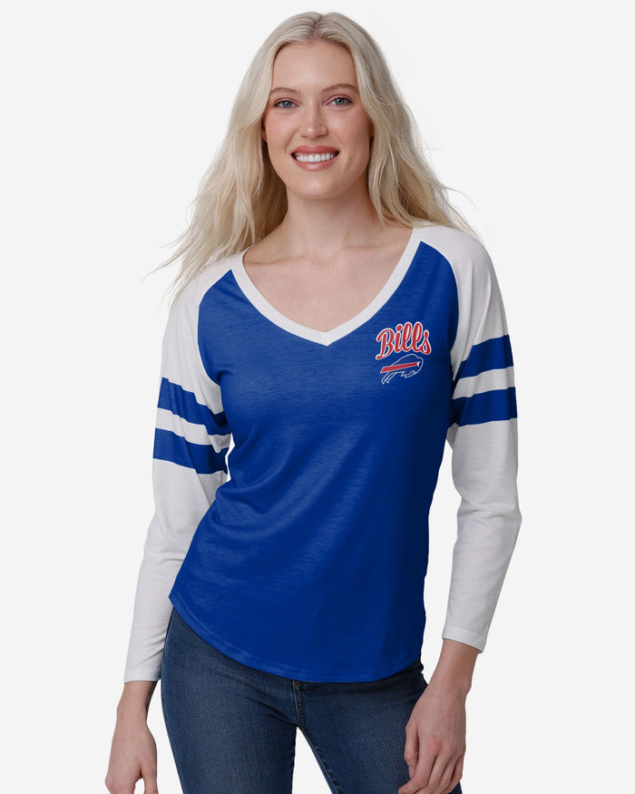 Buffalo Bills Womens Script Wordmark Striped Sleeve Raglan T-Shirt FOCO S - FOCO.com