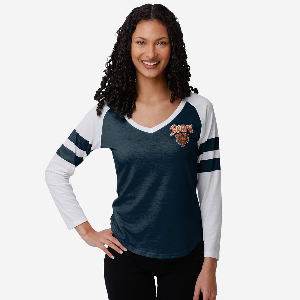 Chicago Bears Womens Script Wordmark Striped Sleeve Raglan T-Shirt FOCO S - FOCO.com