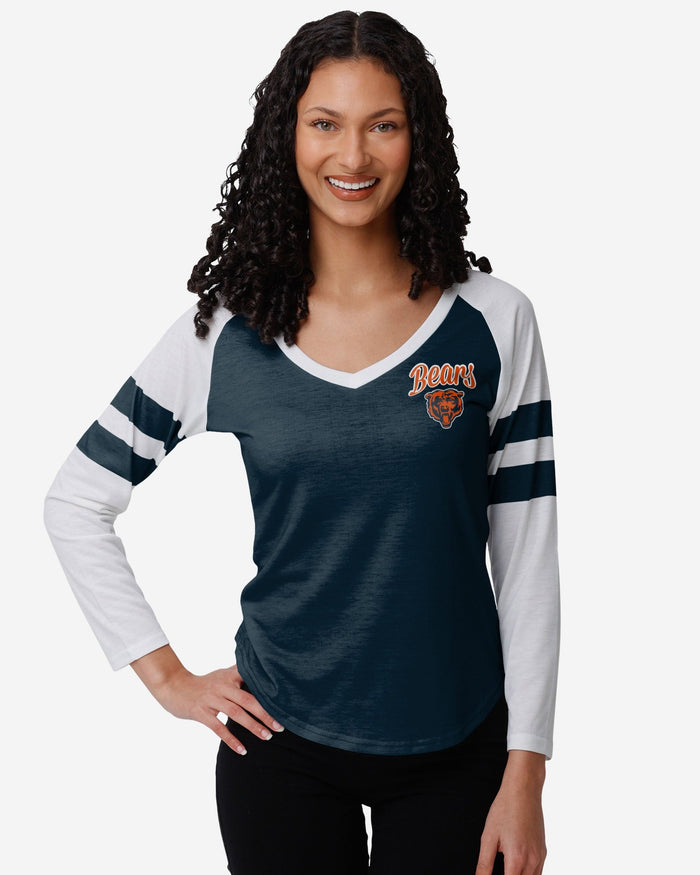 Chicago Bears Womens Script Wordmark Striped Sleeve Raglan T-Shirt FOCO S - FOCO.com