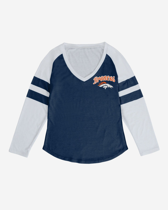 Denver Broncos Womens Script Wordmark Striped Sleeve Raglan T-Shirt FOCO - FOCO.com