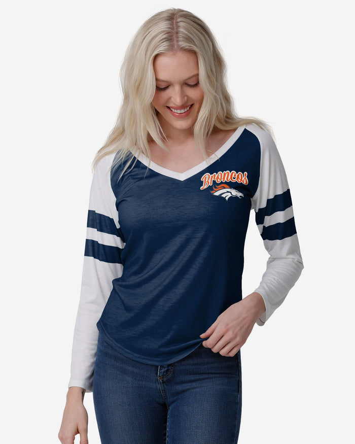 Denver Broncos Womens Script Wordmark Striped Sleeve Raglan T-Shirt FOCO S - FOCO.com