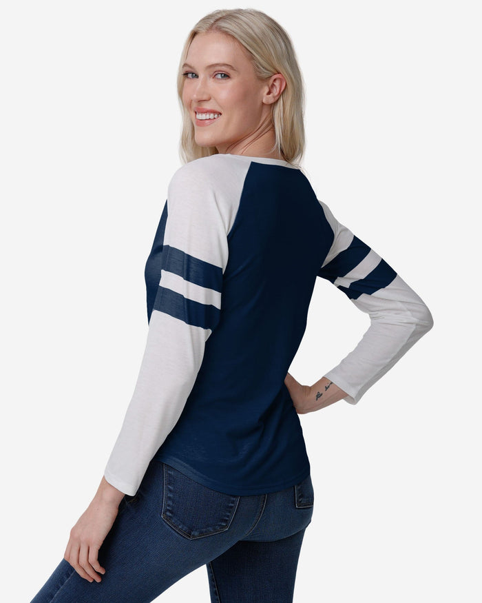 Denver Broncos Womens Script Wordmark Striped Sleeve Raglan T-Shirt FOCO - FOCO.com