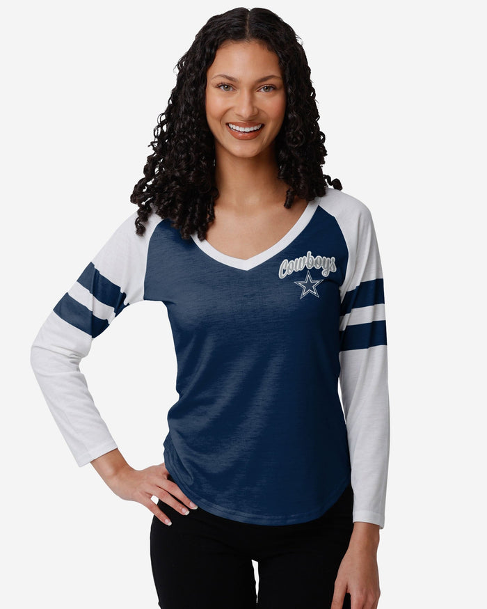 Dallas Cowboys Womens Script Wordmark Striped Sleeve Raglan T-Shirt FOCO S - FOCO.com