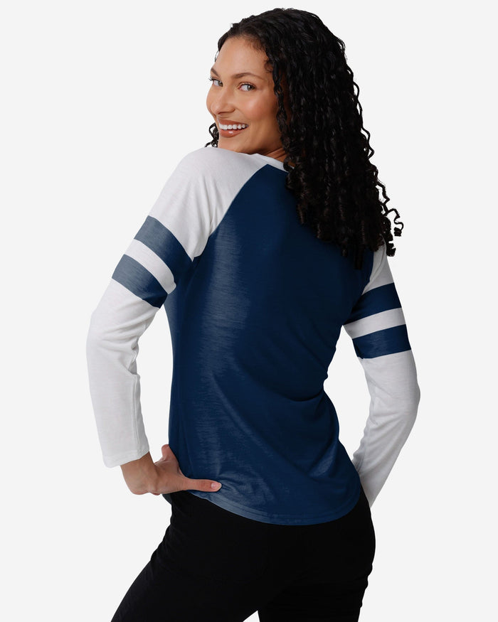 Dallas Cowboys Womens Script Wordmark Striped Sleeve Raglan T-Shirt FOCO - FOCO.com