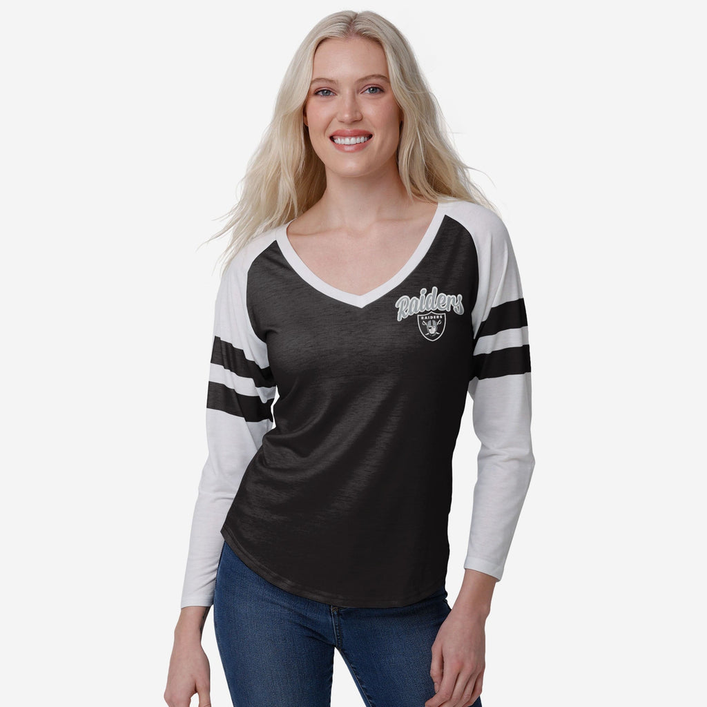 Las Vegas Raiders Womens Script Wordmark Striped Sleeve Raglan T-Shirt FOCO S - FOCO.com