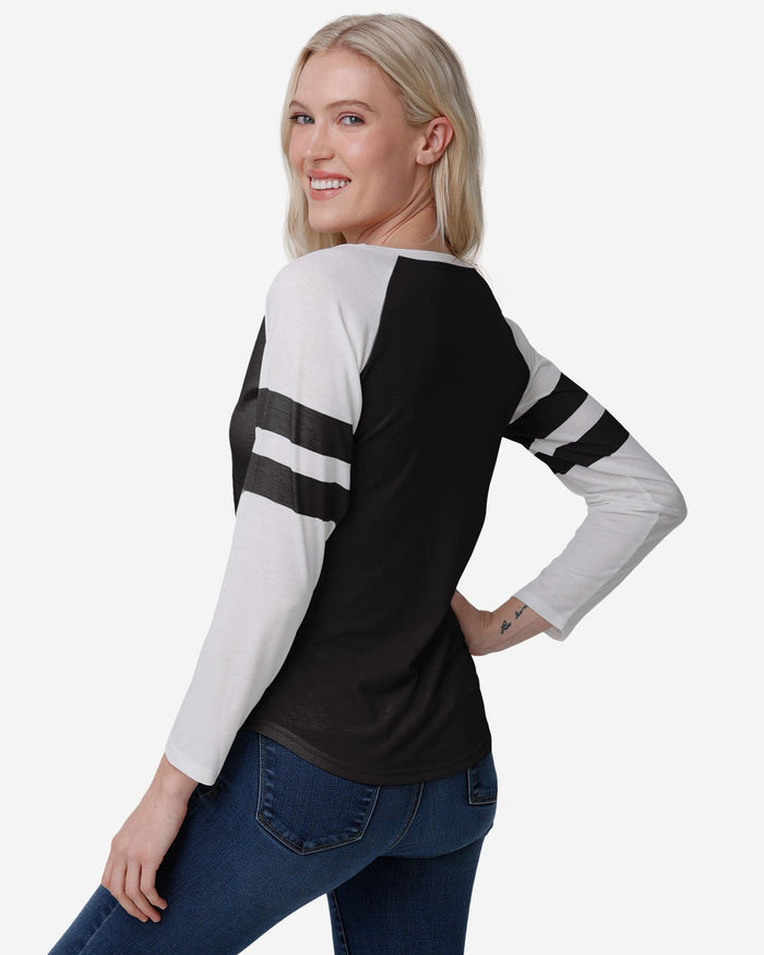 Las Vegas Raiders Womens Script Wordmark Striped Sleeve Raglan T-Shirt FOCO - FOCO.com
