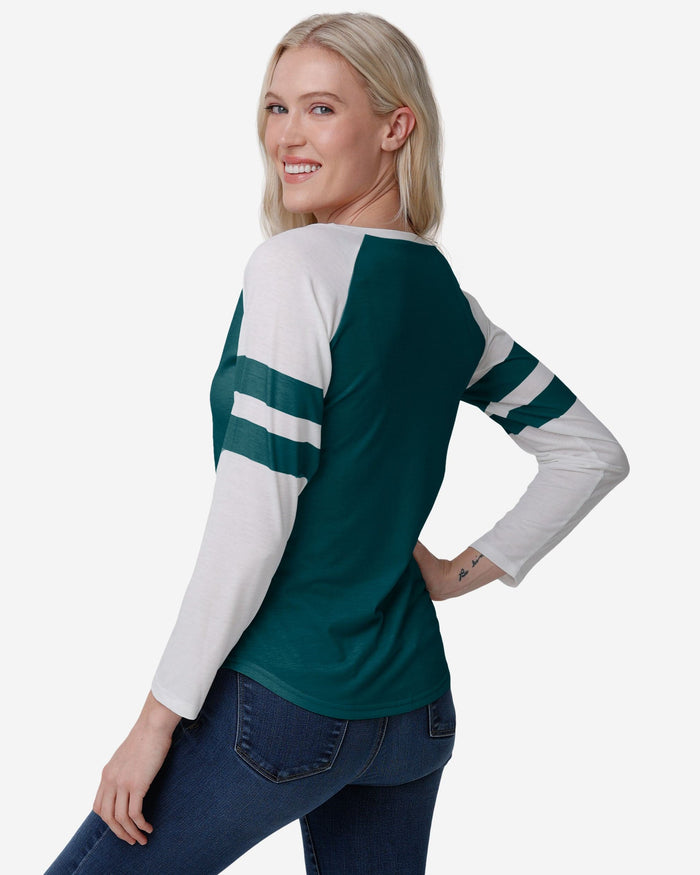 Philadelphia Eagles Womens Script Wordmark Striped Sleeve Raglan T-Shirt FOCO - FOCO.com