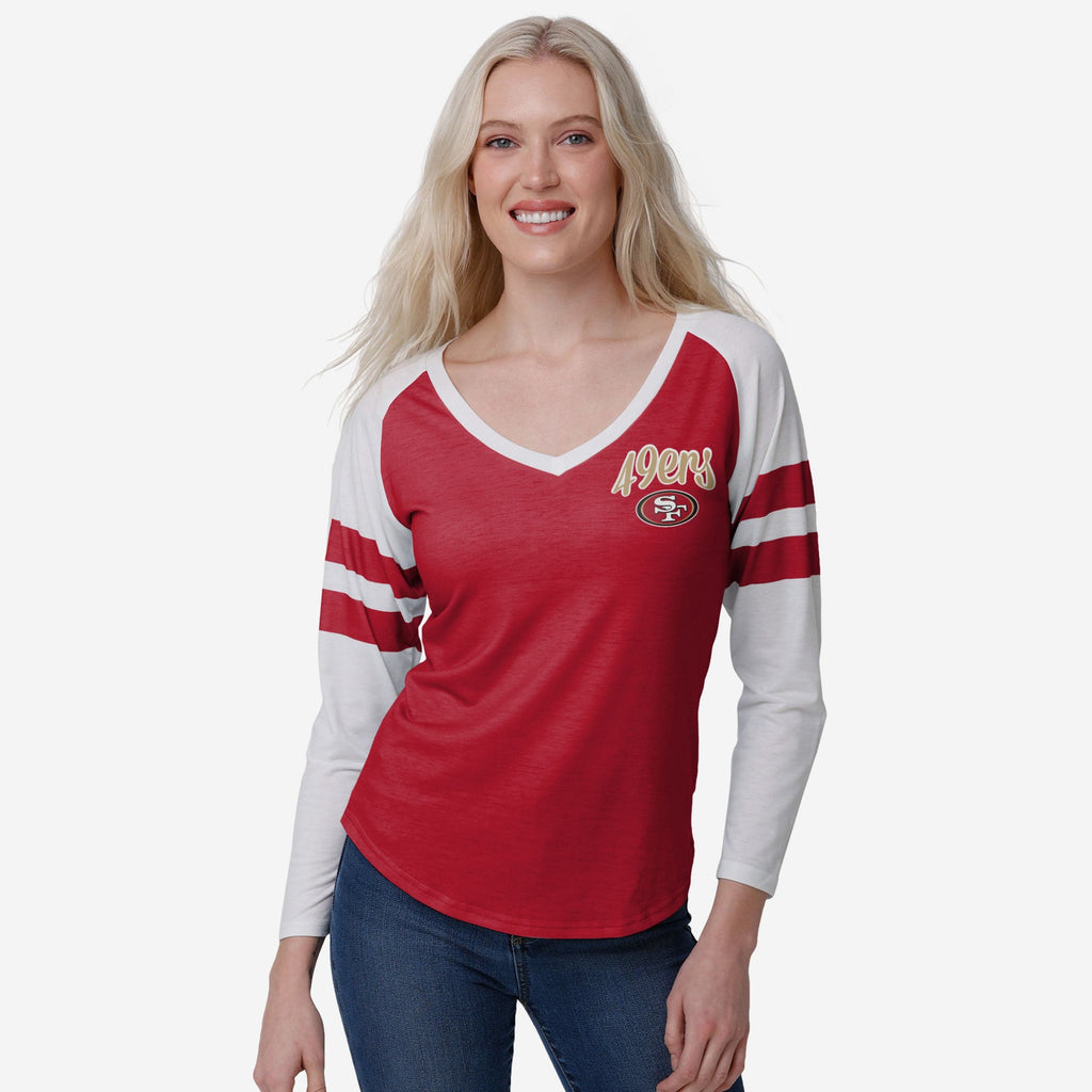 San Francisco 49ers Womens Script Wordmark Striped Sleeve Raglan T-Shirt FOCO S - FOCO.com