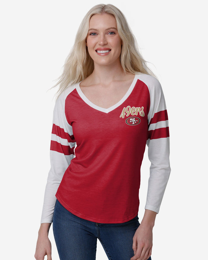 San Francisco 49ers Womens Script Wordmark Striped Sleeve Raglan T-Shirt FOCO S - FOCO.com
