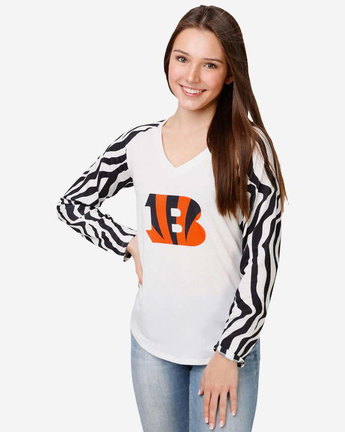 Cincinnati Bengals Womens White Stripe Big Logo Raglan Shirt FOCO S - FOCO.com