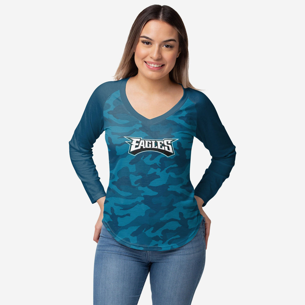 Philadelphia Eagles Womens Wordmark Tonal Camo Raglan T-Shirt FOCO S - FOCO.com