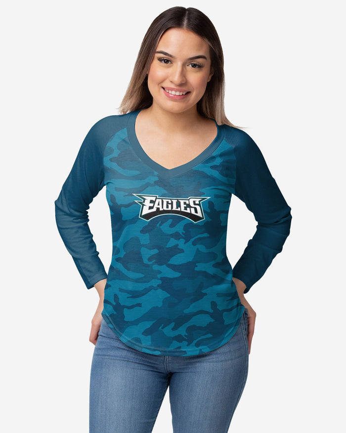 Philadelphia Eagles Womens Wordmark Tonal Camo Raglan T-Shirt FOCO S - FOCO.com