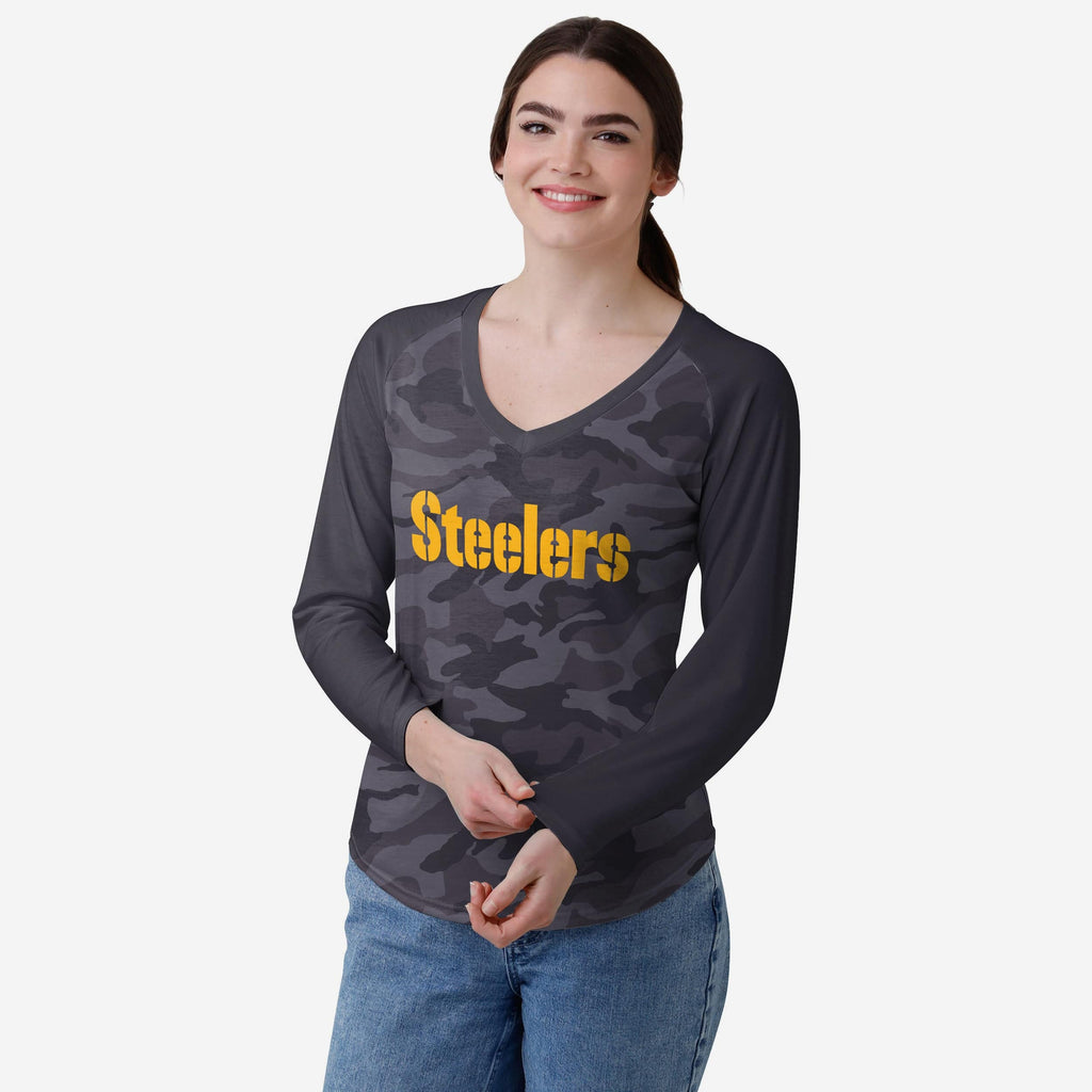 Pittsburgh Steelers Womens Wordmark Tonal Camo Raglan T-Shirt FOCO S - FOCO.com