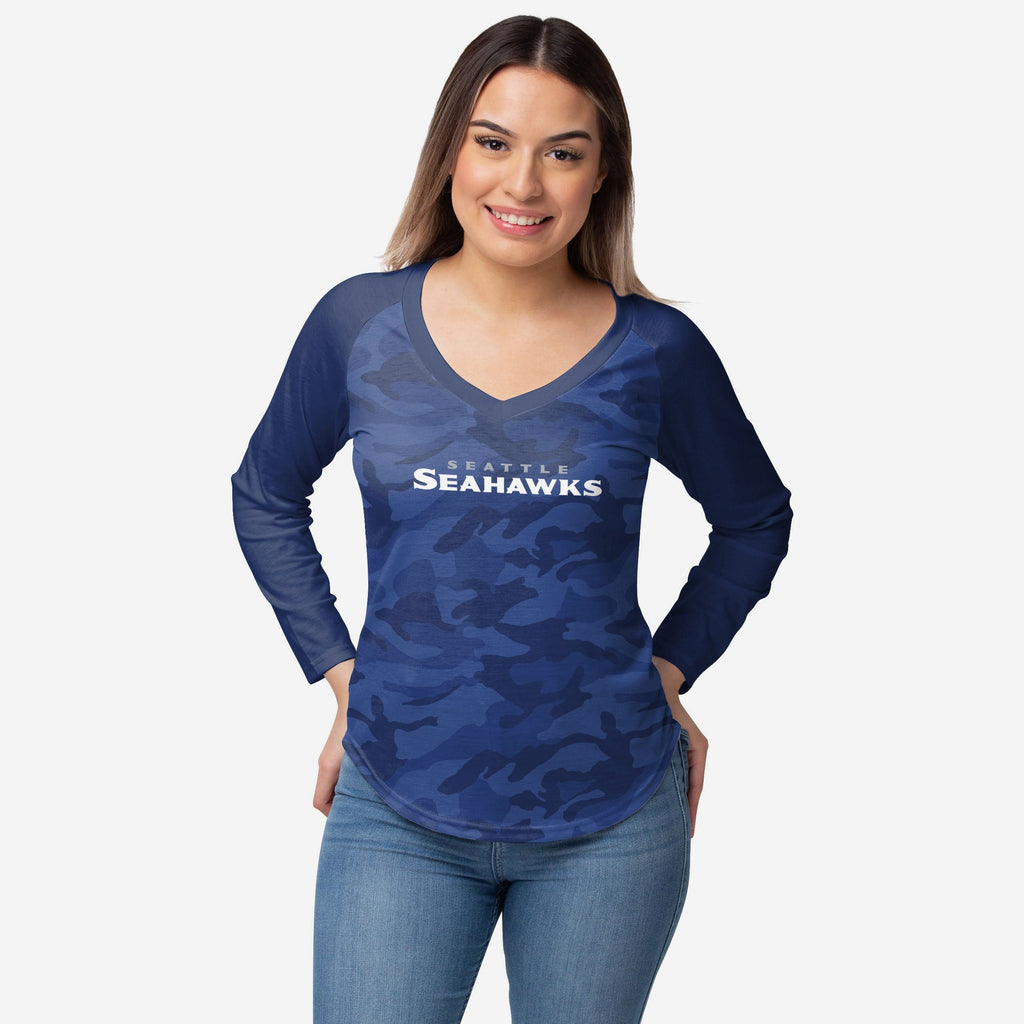 Seattle Seahawks Womens Wordmark Tonal Camo Raglan T-Shirt FOCO S - FOCO.com