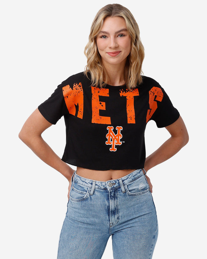 New York Mets Womens Distressed Wordmark Crop Top FOCO S - FOCO.com