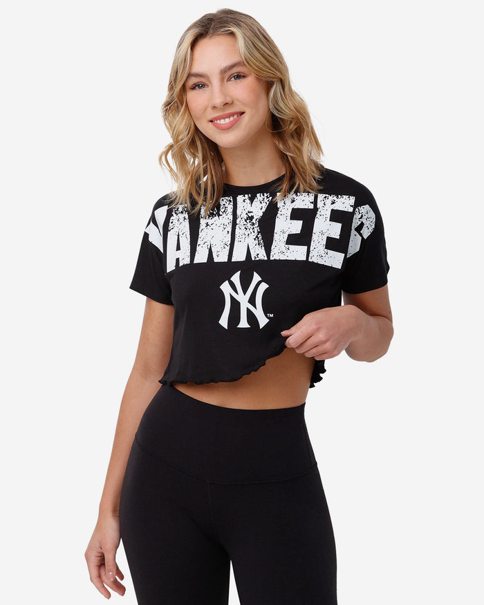 New York Yankees Womens Distressed Wordmark Crop Top FOCO S - FOCO.com