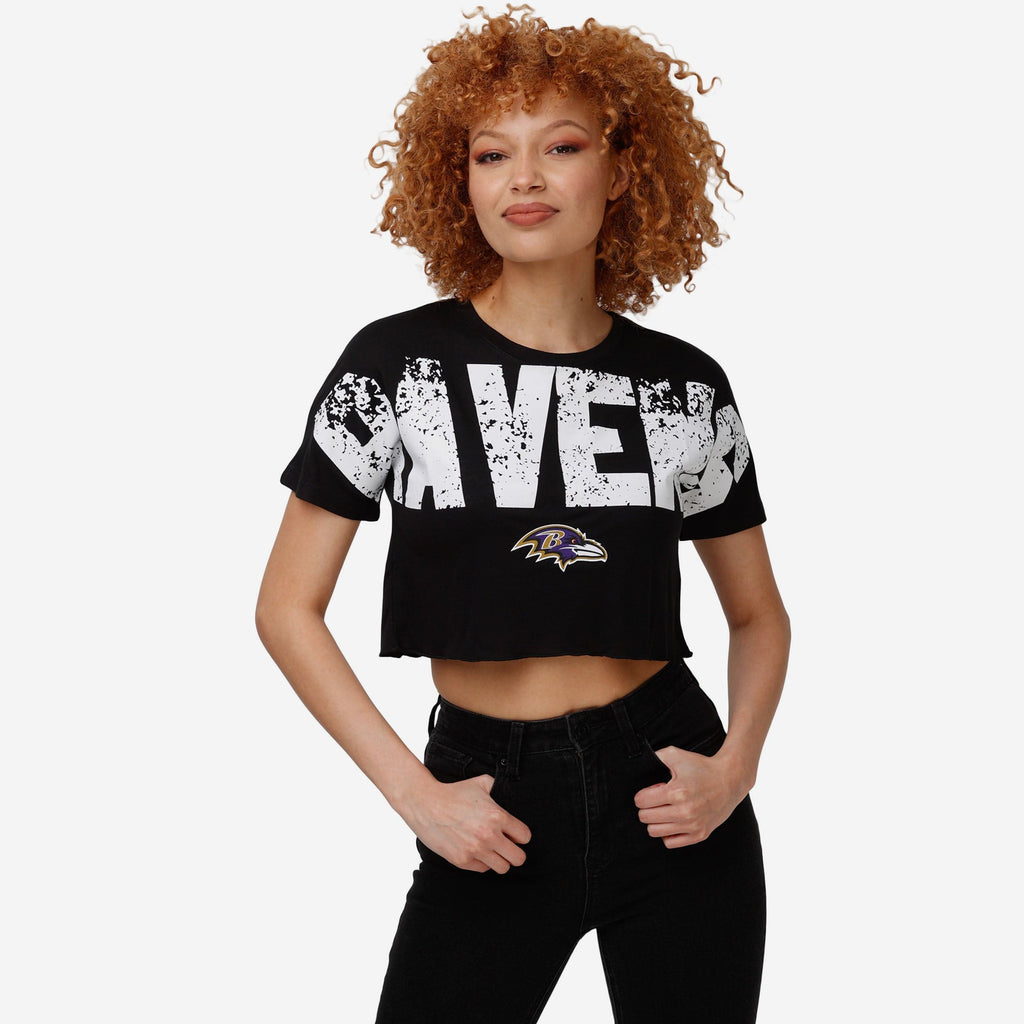 Baltimore Ravens Womens Petite Distressed Wordmark Crop Top FOCO S - FOCO.com
