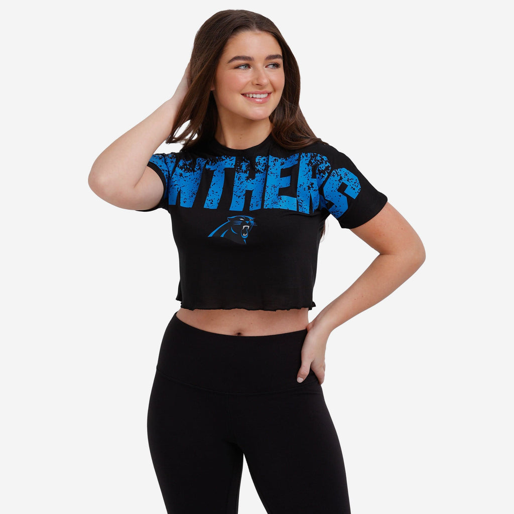 Carolina Panthers Womens Petite Distressed Wordmark Crop Top FOCO S - FOCO.com