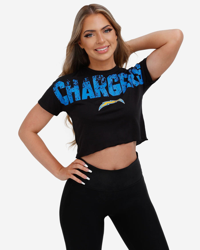 Los Angeles Chargers Womens Petite Distressed Wordmark Crop Top FOCO S - FOCO.com