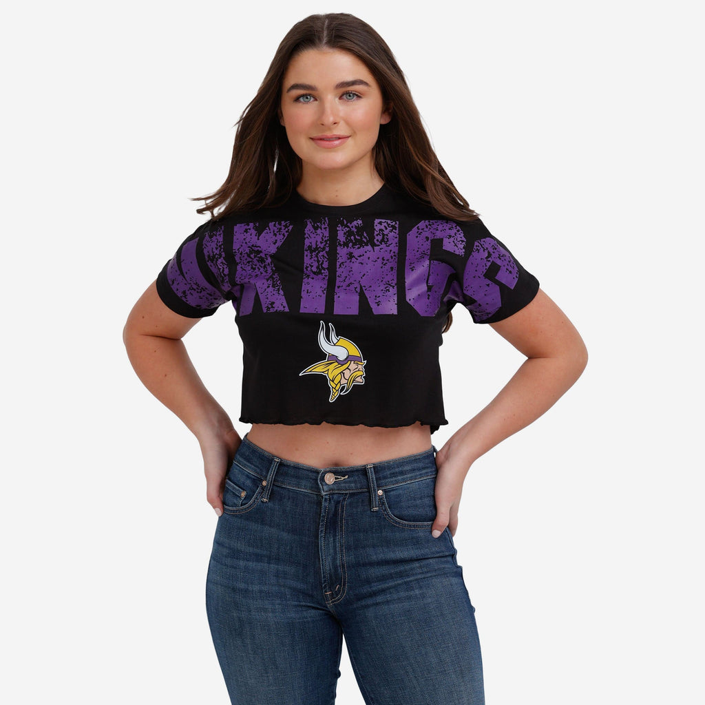 Minnesota Vikings Womens Petite Distressed Wordmark Crop Top FOCO S - FOCO.com