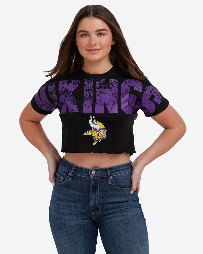 Minnesota Vikings Womens Petite Distressed Wordmark Crop Top FOCO S - FOCO.com