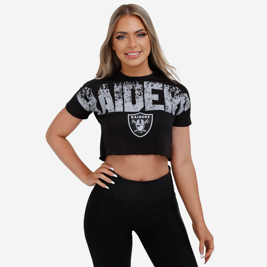 Las Vegas Raiders Womens Petite Distressed Wordmark Crop Top FOCO S - FOCO.com