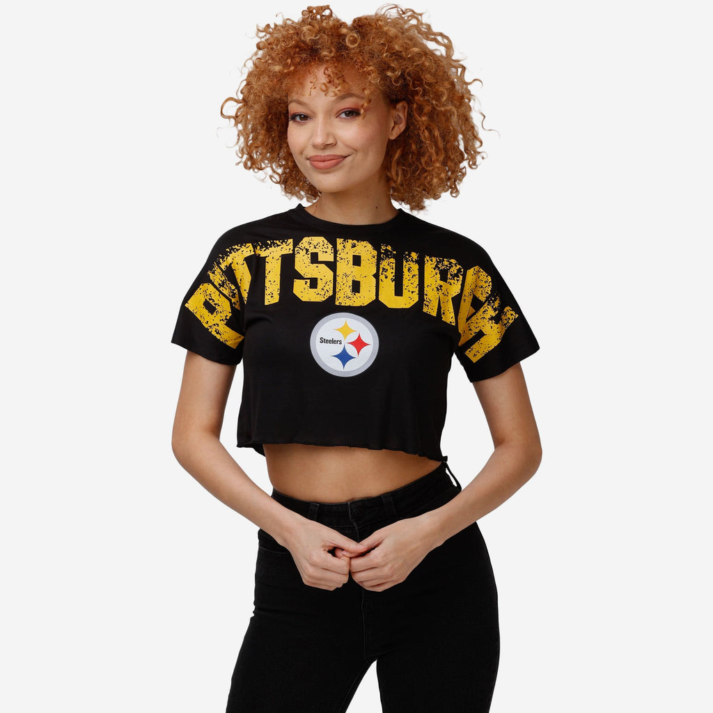 Pittsburgh Steelers Womens Distressed Wordmark Crop Top FOCO S - FOCO.com