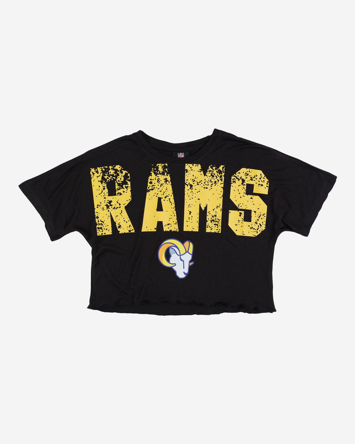 Los Angeles Rams Womens Petite Distressed Wordmark Crop Top FOCO - FOCO.com