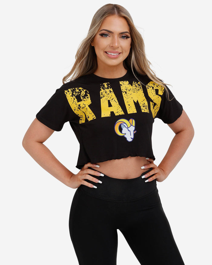 Los Angeles Rams Womens Petite Distressed Wordmark Crop Top FOCO S - FOCO.com