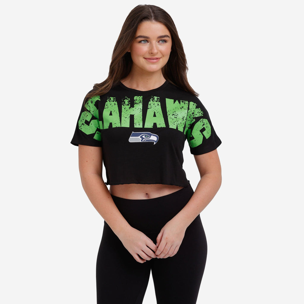 Seattle Seahawks Womens Petite Distressed Wordmark Crop Top FOCO S - FOCO.com