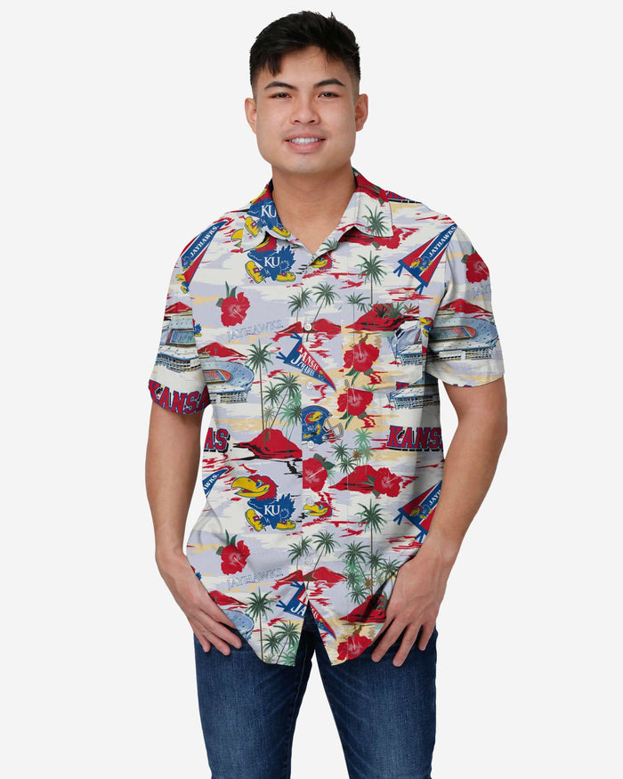 Kansas Jayhawks Thematic Stadium Print Button Up Shirt FOCO S - FOCO.com