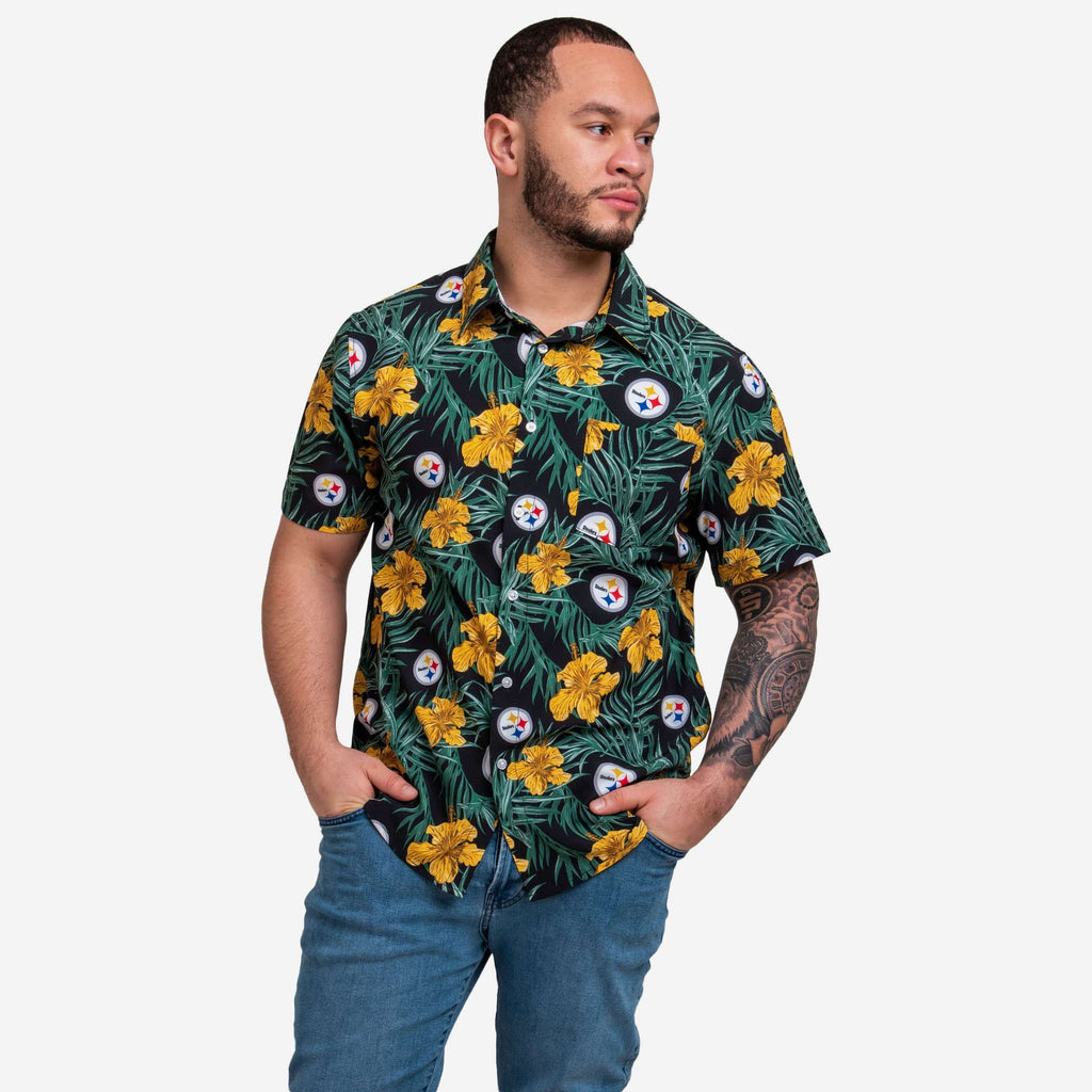 Pittsburgh Steelers Hibiscus Button Up Shirt FOCO S - FOCO.com