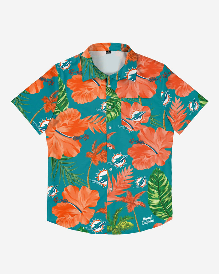 Miami Dolphins Team Color Hibiscus Button Up Shirt FOCO - FOCO.com