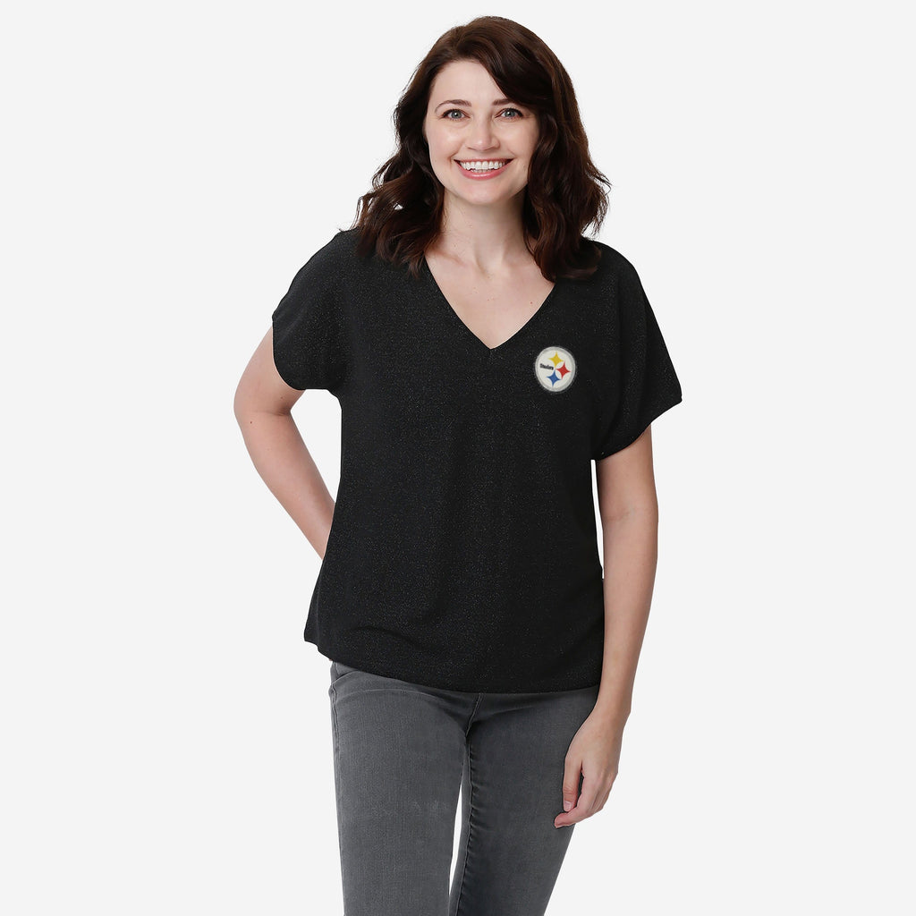 Pittsburgh Steelers Womens Gametime Glitter V-Neck T-Shirt FOCO S - FOCO.com