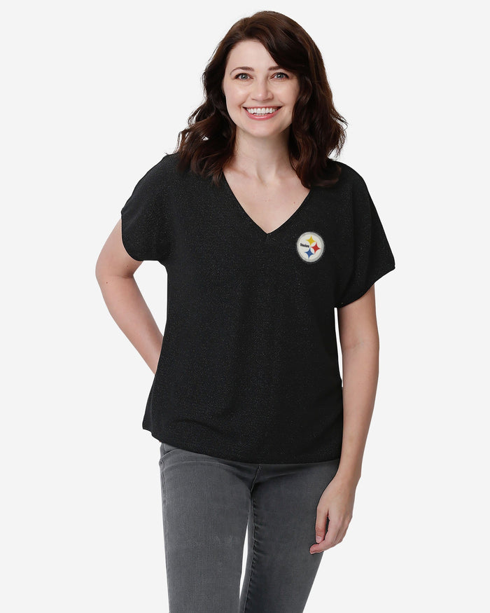 Pittsburgh Steelers Womens Gametime Glitter V-Neck T-Shirt FOCO S - FOCO.com
