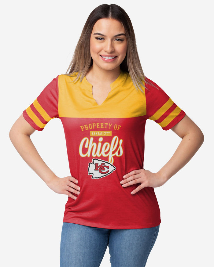 Kansas City Chiefs Womens Team Stripe Property Of V-Neck T-Shirt FOCO S - FOCO.com