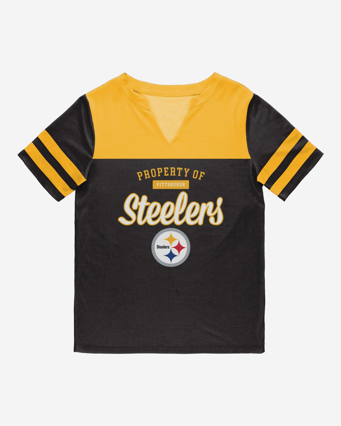 Pittsburgh Steelers Womens Team Stripe Property Of V-Neck T-Shirt FOCO - FOCO.com